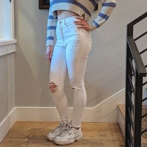 Express High Rise Skinny Jeans with Distressing, white size 4R